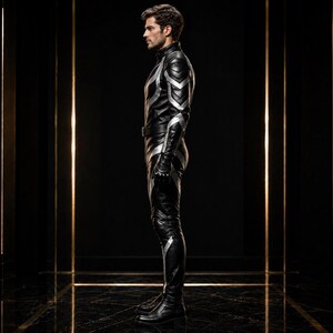 May include: A black leather jumpsuit featuring silver metallic accents along the torso, arms, and legs. The garment includes a high collar, a fitted waist with a belt, and long sleeves. The design incorporates segmented padding on the shoulders.