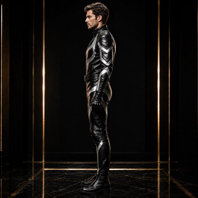 May include: A black leather jumpsuit featuring silver metallic accents along the torso, arms, and legs. The garment includes a high collar, a fitted waist with a belt, and long sleeves. The design incorporates segmented padding on the shoulders.