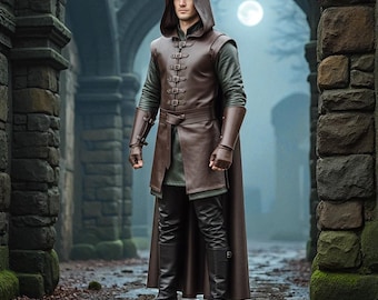 Handmade Leather Hooded Cloak Vest: Medieval Cosplay Costume