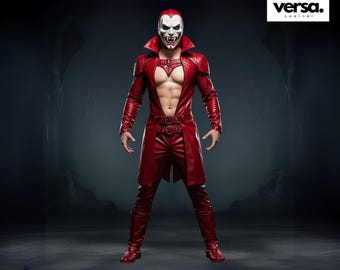 Mens Red Leather Vampire Costume: Gothic Villain Open Chest Coat