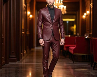 Maroon Leather Suit: Handmade Slim Fit Tuxedo - Custom Wedding Outfit