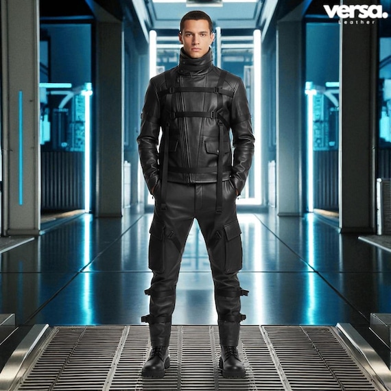 Men’s Black Tactical Leather Suit | Gothic Festival Outfit | Cosplay Costume | Steampunk Alternative Fashion Set