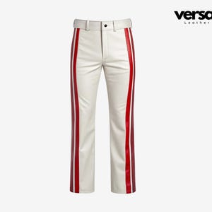 Handmade White Leather Biker Pants: Red Racing Stripe Gothic Style