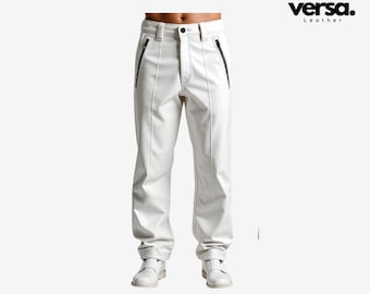 Handmade White Leather Biker Pants: Rear Zip Motorcycle Style