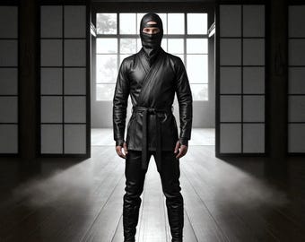 Men's Black Cowhide Leather Ninja Outfit: Samurai Cosplay