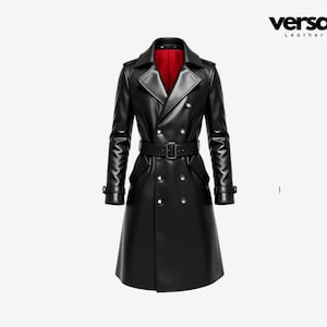 May include: A black leather trench coat with a double-breasted closure, a belt, and a red lining. The coat has a long, flowing silhouette and a classic design.