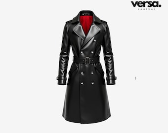 May include: A black leather trench coat with a double-breasted closure, a belt, and a red lining. The coat has a long, flowing silhouette and a classic design.