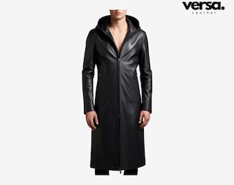 Hooded Black Genuine Leather Trench Coat: Fitted Long Coat with Zipper