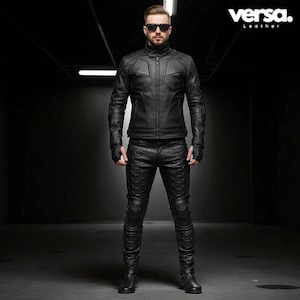 Men’s Black Futuristic Leather Biker Suit – Handmade Motorcycle Jacket & Pants Set – Custom Cosplay Outfit for Festival, Gothic  Streetwear