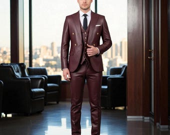Handmade Maroon Leather 3-Piece Suit: Slim Fit Wedding Outfit