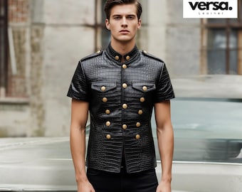 Black Crocodile Embossed Leather Shirt: Gothic Military Style, Gold Buttons
