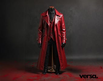 Men's Red Genuine Leather Gothic Trench Coat & Vest Set