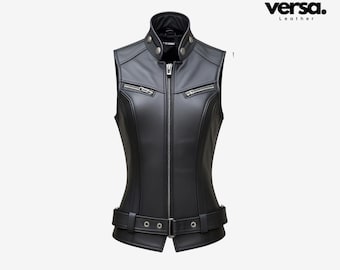 Black Leather Motorcycle Vest: Handmade Biker Waistcoat