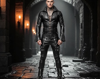 Men's Gothic Leather Outfit: Handmade Studded Shirt & Buckle Pants