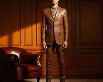 Handmade Brown Leather Suit: Genuine Cowhide Blazer & Pants