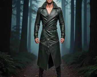 Handmade Dark Green Leather Trench Coat: Gothic Cosplay LARP Outfit