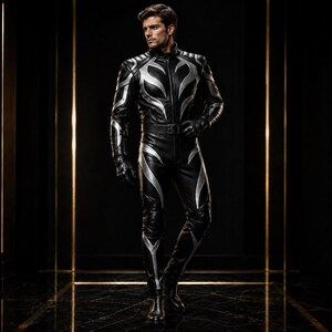 May include: A black leather jumpsuit featuring silver flame-like patterns across the chest, arms, and legs. The garment includes a high collar, a front zipper, a matching belt at the waist, and long sleeves with integrated black leather gloves.