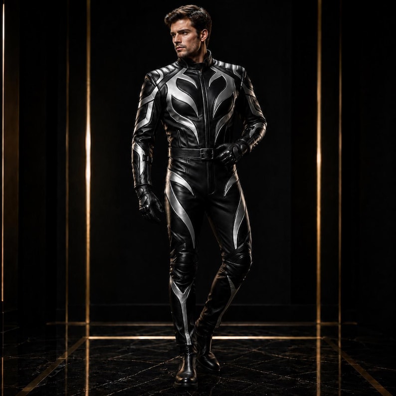 May include: A black leather jumpsuit featuring silver flame-like patterns across the chest, arms, and legs. The garment includes a high collar, a front zipper, a matching belt at the waist, and long sleeves with integrated black leather gloves.