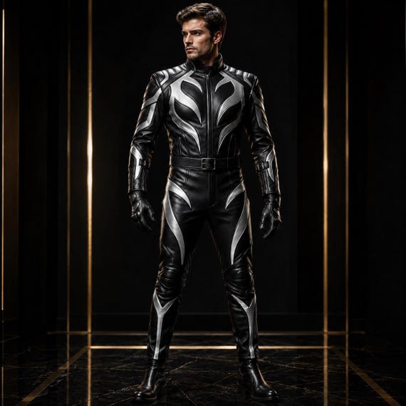 Men Black Silver Leather Jumpsuit, Futuristic Leather Bodysuit, Gothic Biker Costume, Sci Fi Cosplay Outfit