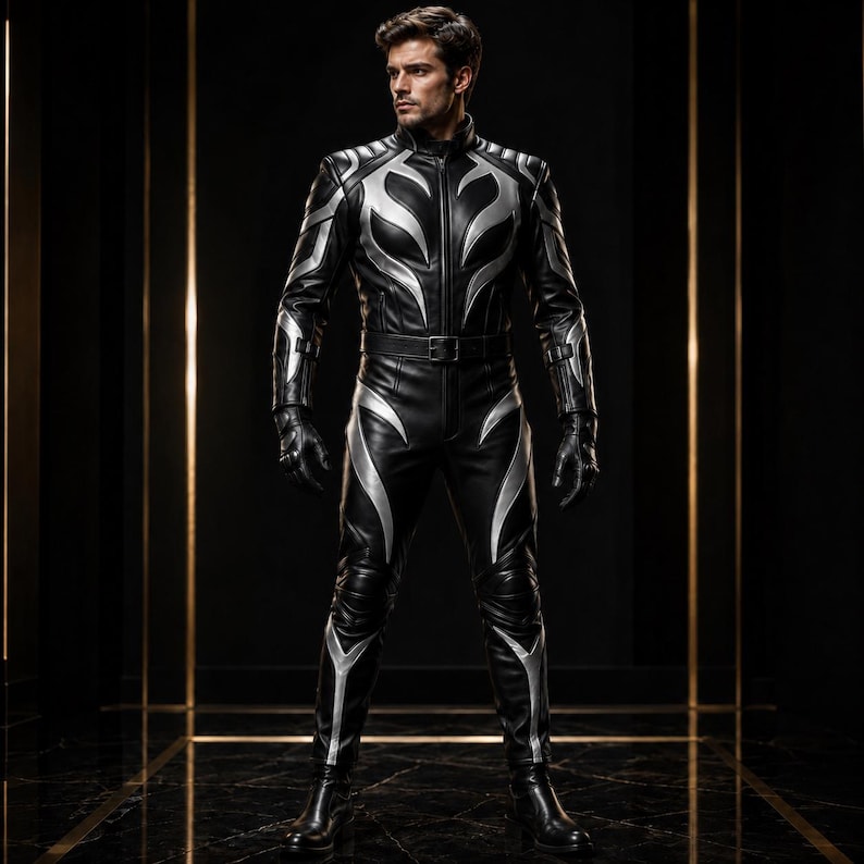 Men Black Silver Leather Jumpsuit, Futuristic Leather Bodysuit, Gothic Biker Costume, Sci Fi Cosplay Outfit image 1