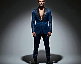 Handmade Blue Leather Suit: Black Lapel Blazer & Pants