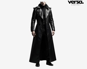 Handmade Black Genuine Leather Gothic Trench Coat: Cyberpunk Style