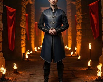 Könnte beinhalten: Eine marineblaue Lederweste mit goldenen Nähten und dekorativen Verschlüssen. Die Weste wird über einem schwarzen Langarmshirt getragen. Das Bild zeigt auch schwarze Stiefel und eine Hose. Das Versa Leather-Logo befindet sich oben rechts.