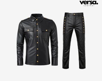 Mens Military Style Genuine Leather Outfit: Slim Fit Shirt & Pants