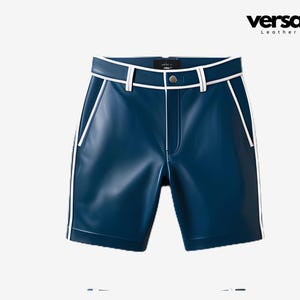 Handmade Blue Leather Shorts: White Piping, Bold Fashion