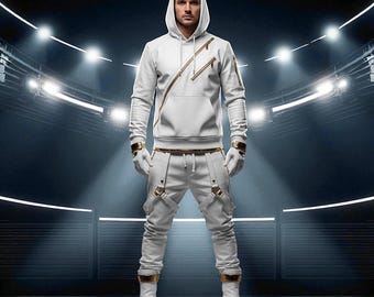 Men’s White Hoodie & Pants with Gold Zippers | Futuristic Streetwear Outfit | Festival Dance Costume Tracksuit