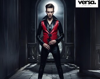 Genuine Leather Gothic Costume: Red Vest, Black Shirt & Pants - Vampire Cosplay