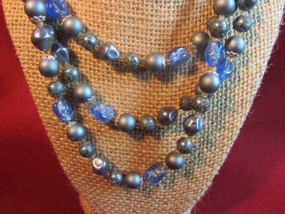 Blue Multi Strand Vintage Necklace, 3 Strand Bead… - image 1