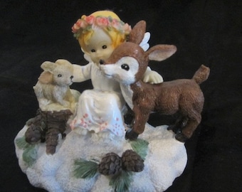 Little Angel in the Forest With the Deer and a Rabbit, Resin Cherub Angel, Angel and Animals figurine, Resin Figurine Cherub in Forest