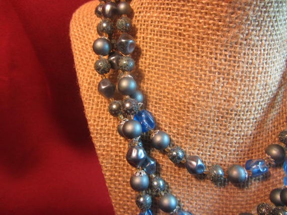 Blue Multi Strand Vintage Necklace, 3 Strand Bead… - image 4