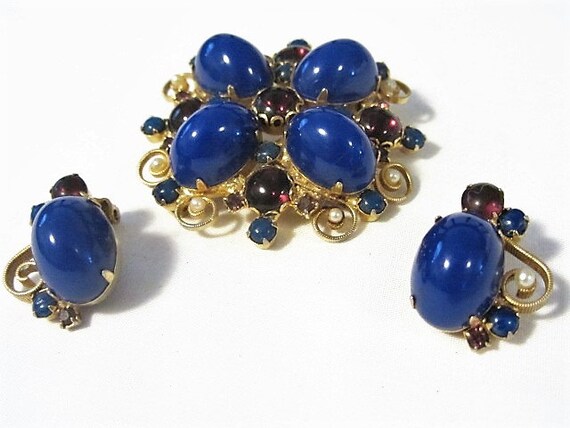 Lapis Stone Brooch Earring Set In Gold Filigree, … - image 1