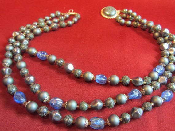 Blue Multi Strand Vintage Necklace, 3 Strand Bead… - image 8