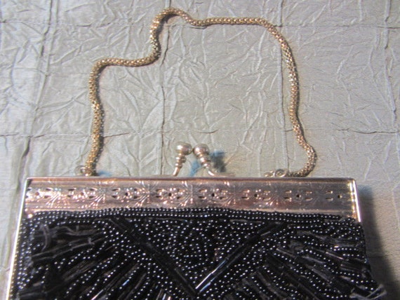 Black Beaded Evening Clutch, Clamshell Shaped Eve… - image 2