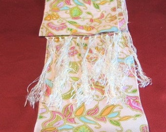 Long Pink Floral Paisley Print Scarf, Pink, Green, Yellow Floral Scarf, 34" Printed Silk Scarf, Fashion Accessories, Endless Use Scarf