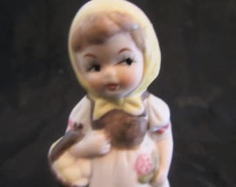 Bisque Dutch Girl Figurine, 4 Inch Girl Figurine, Girl with Scarf on her Head Figurine, Collectible Girl Figurine, Girl With Flowers