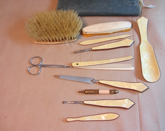 L'Ardenne set Manicure Set In Leather Case, Woman's Grooming Kit, 1920's Nail Tools, Finger Nail Travel Kit, Antique Toiletry Set, Grooming