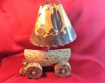 Antique Wagon Lamp, Working Country Lamp of Covered Wagon, Cork Wagon and Vintage Shade, Boys Room Lamp, Upcycle Project, Wagon Lamp