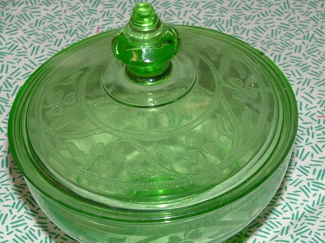 1930's Green Depression Glass Candy Dish Cloverleaf Etsy