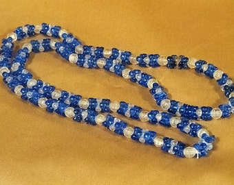 16" Plastic Hand Crafted Beaded Necklace, Blue and White Beads Hand Strung Necklace, Vintage Beaded Necklace, Plastic Beaded Necklace 1970's