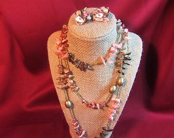 Mid Century Pink Beaded Multi Strand Necklace and Matching Earrings, Multi Pink Plastic Beaded Necklace, Jewelry Beaded Necklace