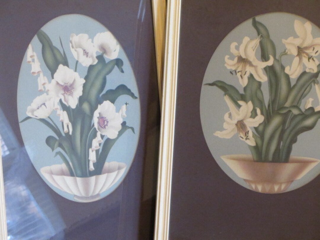 Pre 1950's Pair Floral Art, Printed Framed and Matted Art, 11 X 16