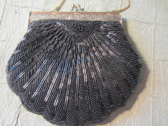 Black Beaded Evening Clutch, Clamshell Shaped Eve… - image 1