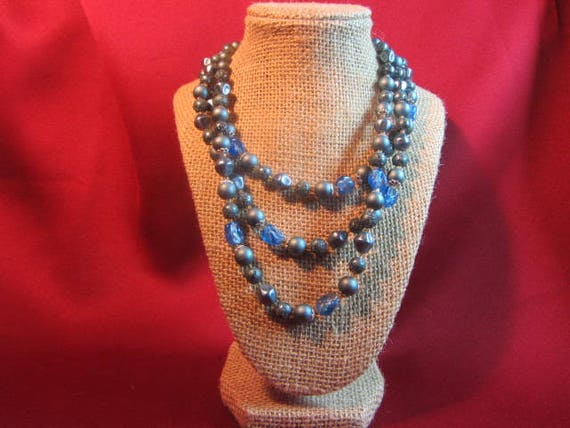 Blue Multi Strand Vintage Necklace, 3 Strand Bead… - image 10