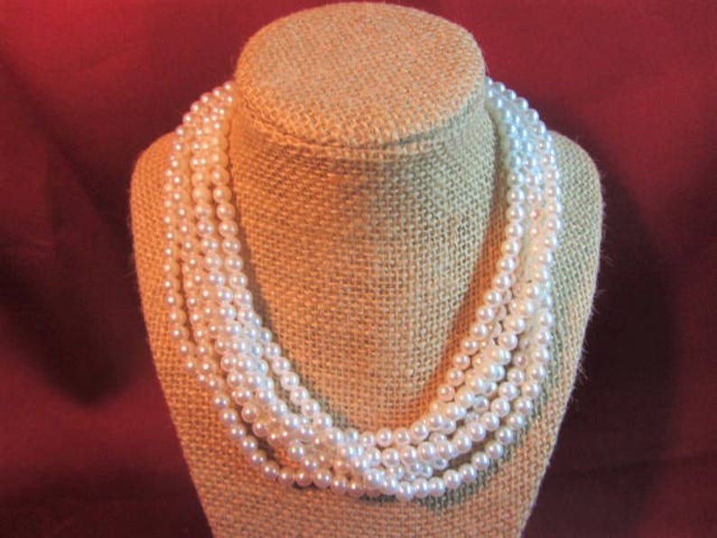 Multi Strand Faux Pearl Necklace With Rhinestone Fastener Etsy