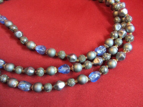 Blue Multi Strand Vintage Necklace, 3 Strand Bead… - image 6