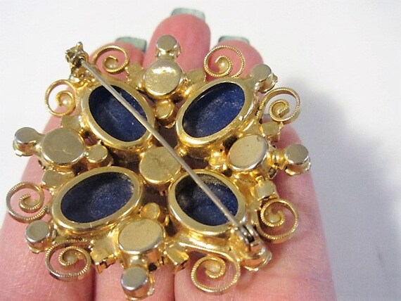 Lapis Stone Brooch Earring Set In Gold Filigree, … - image 3